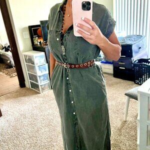 😍🛍 Sneak Peak Long Full Length Khaki Button Down Army Green Shirt Dress! Sz…